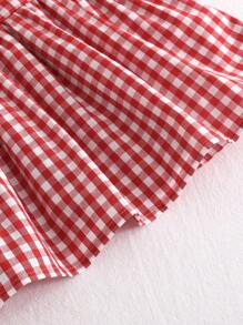 SHEIN LMoss Kids 青少年女孩休闲复古学院风通勤野餐格纹红白格子蕾丝边细肩带蝴蝶结装饰褶饰A字形梭织衬衫上衣 - 紅色 - 查看 3