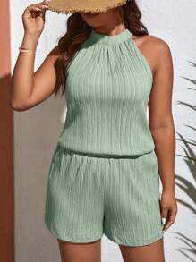 SHEIN VCAY Conjunto casual de dos piezas de talla grande para mujer con top sin mangas con volantes de unicolor y pantalones cortos