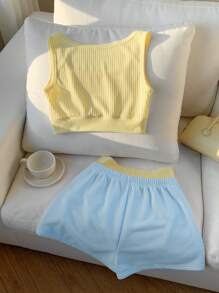 Comfortcana Bộ 2 món/Bộ áo ba lỗ in chữ và quần short thường ngày mùa hè cho nữ - Nhiều màu - Xem 2