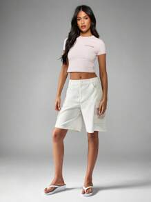 MISSGUIDED Sweet Enough Slogan Baby Tee Crop Top Lace Trim Sleeve Summer Casual Short Sleeve Form Fitting T-Shirt Pastel Basic Top Spring Festival Everyday Essential