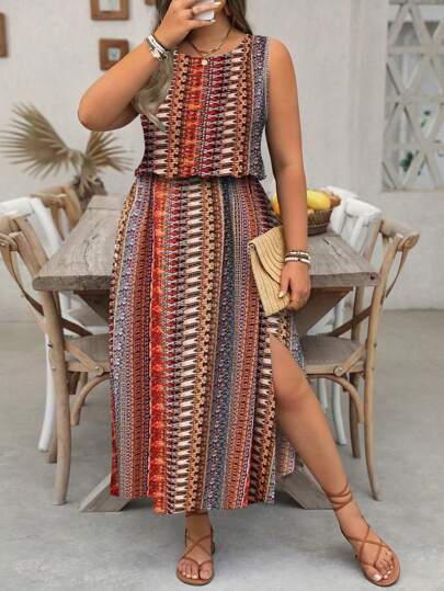 SHEIN Clasi Plus Size Vintage-stil Randig Ärmlös Slitsklänning Med Delad Midja Och Definierad Strandklänning, Vår & Sommar
