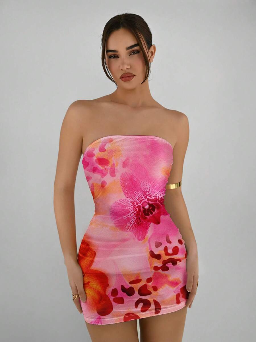 Aloruh 优雅露肩紧身粉色兰花扎染印花休闲夏装，适合度假、优雅约会、晚宴、性感、音乐节