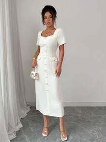 Elenzga 优雅方领华夫格纹理中长连衣裙，春夏 - 杏色 - 查看 1