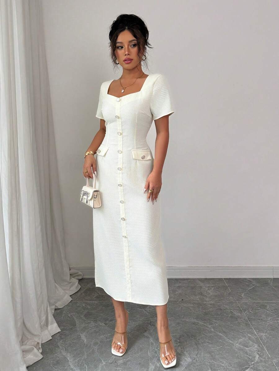 Elenzga 优雅方领华夫格纹理中长连衣裙，春夏 - 杏色 - 查看 1