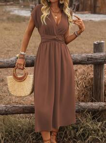 EMERY ROSE Women's Spring/Summer Bohemian Vacation Style Casual Crossover Shirred Waist Gathered Twist Back Ruffle Sleeve A-Line Midi Dress - Coffee Brown - View 7