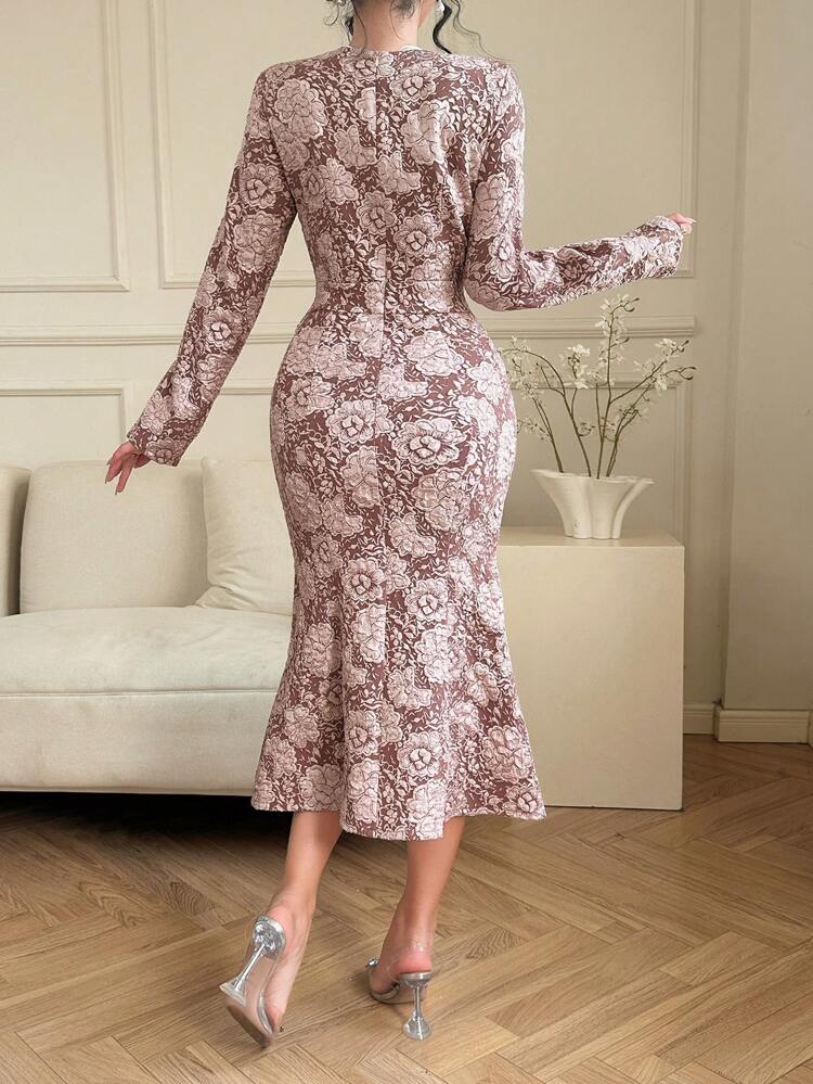 Solid Color Textured Mid-Length Floral Print Square Neck Dress For Date Night,Fall Dress Long Sleeve Dress Prom Dress Elegant Women Dresses Maxi Dress
