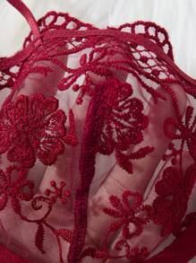 Crystal Vow 2pcs Women Burgundy Romantic Embroidery Lace-Up Sexy Lingerie Set, Thong - Burgundy - View 6