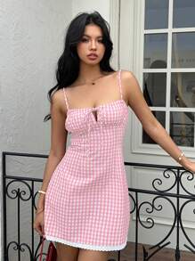 Aloruh Đầm bodycon hở lưng in họa tiết kẻ caro dễ thương gợi cảm cho nữ - Hồng - Xem 3