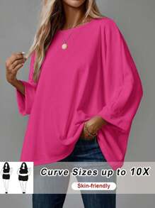 SHEIN CURVE+ 大码长袖宽松舒适家庭风格女式 T 恤 - 玫紅色 - 查看 1