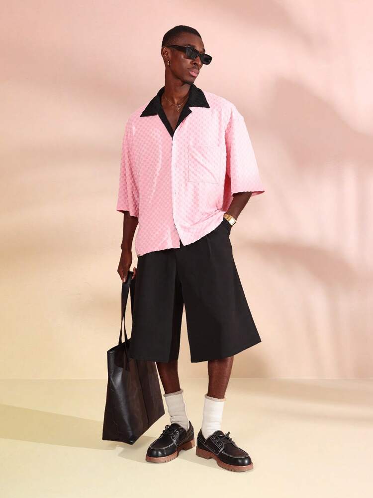 Camicia squadrata oversize con motivo a scacchiera testurizzata