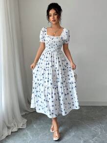 Elenzga Square Neck Waist Cinched Ditsy Floral Elegant Short Dress For Women - Blue and White - View 6