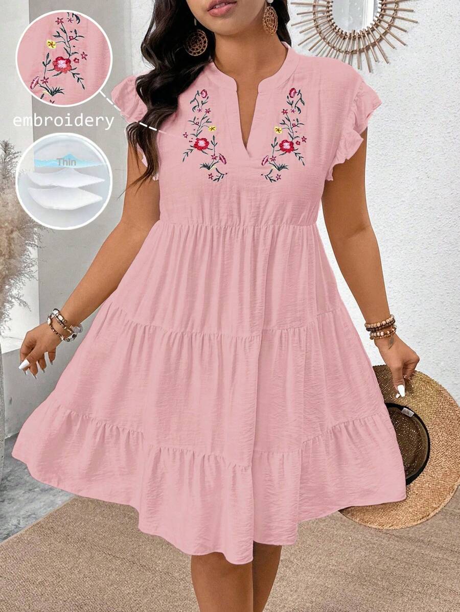 SHEIN Clasi Plus Size V-Neck Floral Embroidered Ruffle Hem Babydoll Swing Dress - Pink - View 1