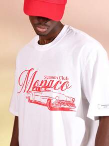 Sumwon Club Monaco Classic Vintage Car Print Oversized T-Shirt Retro Automobile Design Premium Cotton Classic Summer Streetwear - White - View 1
