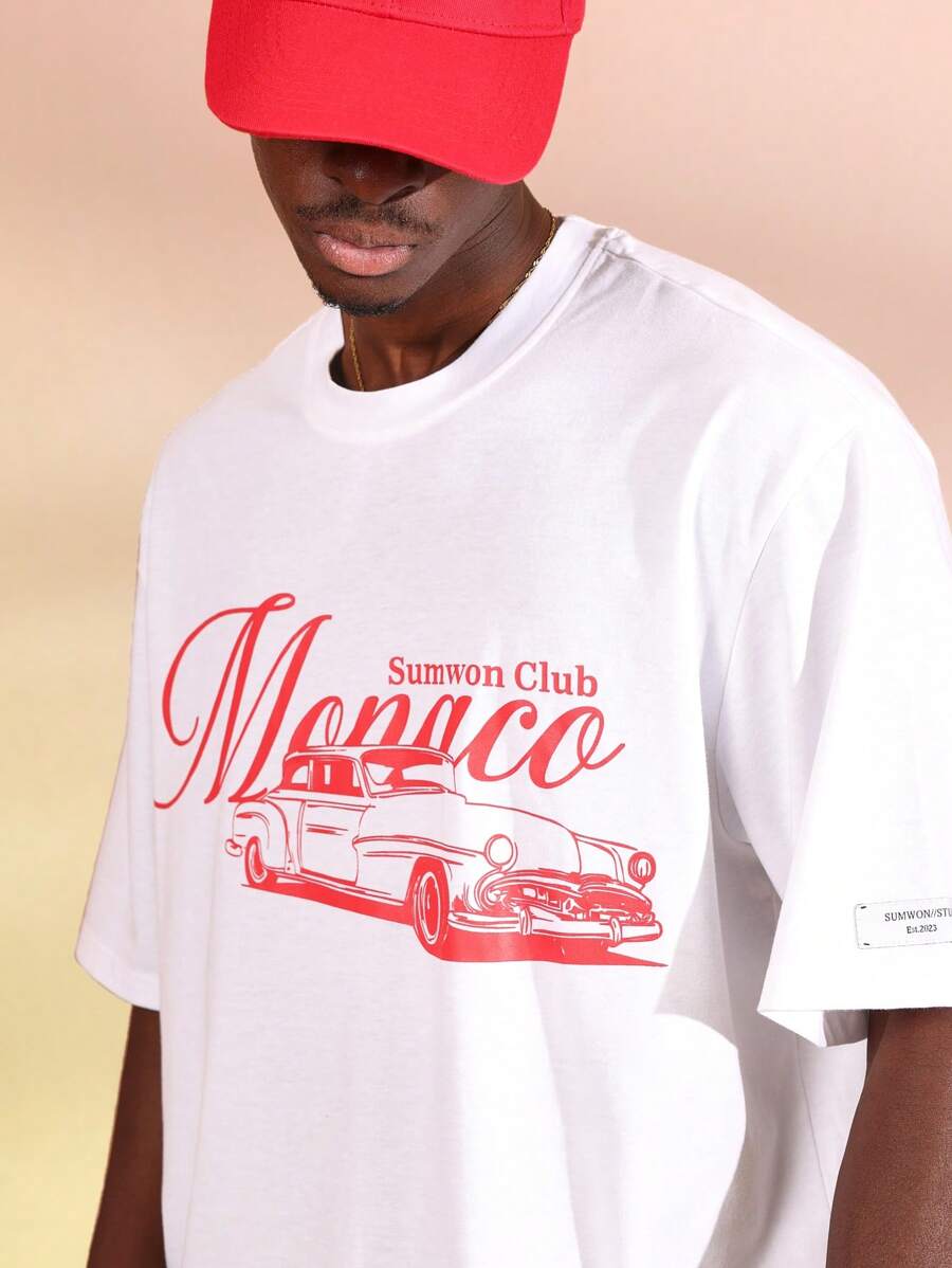 Sumwon Club Monaco Classic Vintage Car Print Oversized T-Shirt Retro Automobile Design Premium Cotton Classic Summer Streetwear - White - View 1