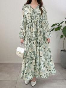 FRIFUL Vestido midi de línea A con cintura ceñida y cuello con volantes, con estampado floral, para usar en verano y de vacaciones en la playa - Verde - Ver 2