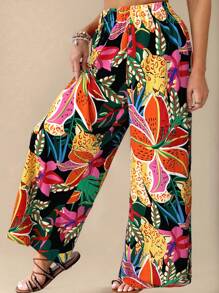 Travachic 大码花卉印花阔腿休闲裤，适合夏季海滩度假 - 黑色 - 查看 3