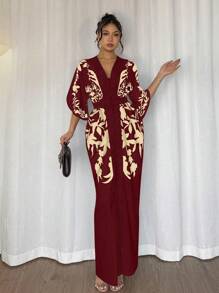 Chiquease 修身撞色印花长裙，春夏 - 酒紅色 - 查看 7