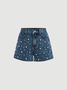 SHEIN Girlism Tween Girl Elegant Washed Distressed Denim Jeans Shorts With Pocket Insert, Faux Pearl, And Frayed Hem, For Spring And Summer Vacation Beach Boho Concert Rave Festival - Medium Wash - View 1