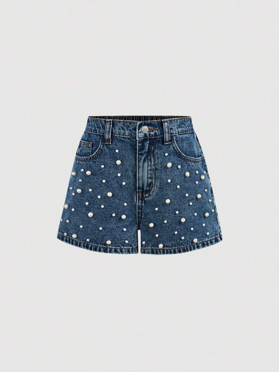 SHEIN Girlism Tween Girl Elegant Washed Distressed Denim Jeans Shorts With Pocket Insert, Faux Pearl, And Frayed Hem, For Spring And Summer Vacation Beach Boho Concert Rave Festival - Medium Wash - View 1