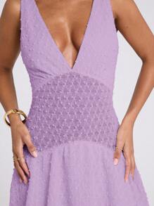 SHEIN BAE 女士春夏杏色优雅海滩度假旅行日常派对 V 领无袖荷叶边分层不对称下摆钩针迷你连衣裙、音乐会服装女士、春假连衣裙 - 淡紫色 - 查看 3