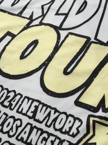 Manfinity EMRG 男士字母与星星图案宽松圆领短袖 T 恤，夏季图案 T 恤，白色图案 T 恤，男士双面印花 T 恤，图案 T 恤，世界巡回 T 恤 - 黃色 - 查看 3