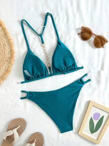 Swim Basics 女式纯色露背短款上衣和低腰三角裤比基尼泳装两件套 - 水鴨藍 - 查看 6
