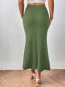 SHEIN PETITE CURVE 大码女式纯色美人鱼下摆黑色半身裙 - 橄欖綠 - 查看 2