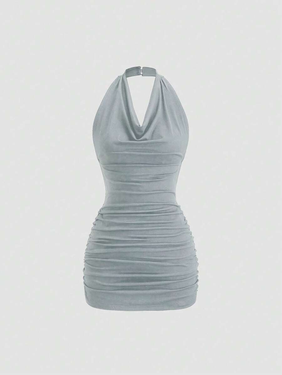 Sweetra 黑色低胸露背系带无袖修身迷你连衣裙 - 灰色 - 查看 1