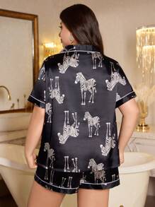 SHEIN Conjunto de pijama de camisa y pantalones cortos con estampado de cebra de talla grande - Azul - Ver 2
