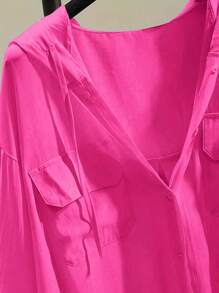 INAWLY Flap Pocket Drop Shoulder Drawstring Hooded Blouse Women Shirt Fall Cloth For Women - Hot Pink - View 3