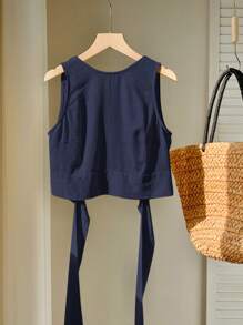 Comfortcana 女式海军蓝亚麻露背系带休闲度假背心，夏季 - 藏蓝色 - 查看 3