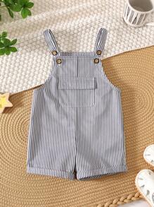 SHEIN Newborn Baby Boys/Girls Summer Casual Versatile Blue & White Striped Bib Pants Romper - Multicolor - View 2
