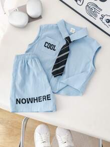 SHEIN 3pcs Toddler Boys' Summer Outfit Set With Sleeveless Letter Print Top, Elastic Waist Shorts, And Necktie
