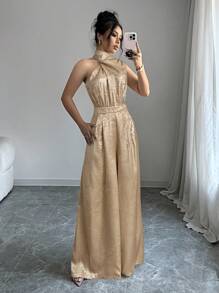 Firerie 女士新款金色优雅商务领上衣和阔腿连体裤，舒适连体裤，不对称无袖连体裤，适合春夏秋冬，演唱会服装，工作服，教师制服 - 金色 - 查看 1