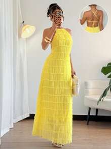 Chiquease Elegantes ärmeloses Neckholder-Sommerkleid mit rückenfreiem Spitzenbesatz, elastisch, hellgelb, für Damen - Hellgelb - Übersicht 2