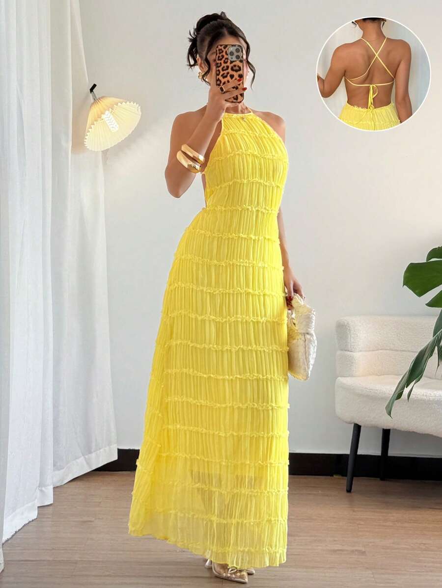 Chiquease Elegantes ärmeloses Neckholder-Sommerkleid mit rückenfreiem Spitzenbesatz, elastisch, hellgelb, für Damen
