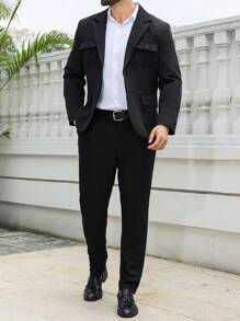 Manfinity Mode 男士加大码纯色翻领长袖西装外套和裤子套装 - 黑色 - 查看 4