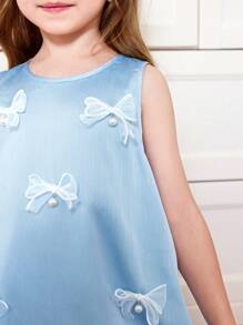 年轻女孩纯色圆领无袖网眼荷叶边下摆连衣裙 - 藍色 - 查看 2