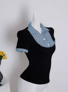 SHEIN Unity Blusa de mujer con diseño de camiseta de 2 en 1 de manga corta y efecto de empalme en color negro - Negro - Ver 3