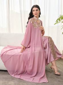 SHEIN Najma 2 件套宽松时尚女士连衣裙套装，带刺绣珠饰，定制，朴素长袍 - 粉色 - 查看 5