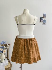 Soleia Plus Polka Dot Print Knot Side Ruffle Trim Wrap Hem Skirt Peplum Short Skirt - Multicolor - View 2