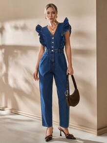 CLARA VERO 100%Cotton Ruffle Trim Button Front Denim Jumpsuit - Medium Wash - View 4