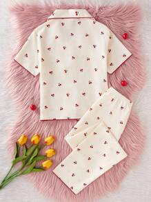 SHEIN 少女杏色可爱樱桃印花长裤和短袖休闲宽松两件套睡衣套装 - 杏色 - 查看 2