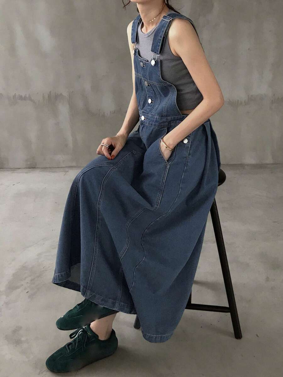 FRIFUL Đầm yếm denim không tay màu trơn có túi dành cho nữ, đầm mùa hè. - Rửa tối - Xem 1