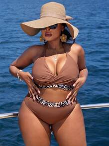 Slaydiva Plus Size Women Leopard Print Textured Fabric Sports Casual Swimwear Set For Summer Beach Vacation - Multicolor - View 4