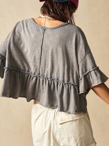 Bohemela 休闲V领纯色针织短袖荷叶边水洗女式T恤