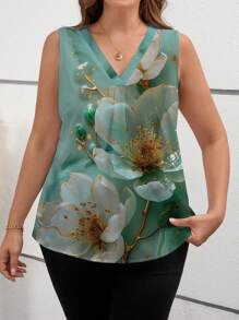 SHEIN Clasi 女式加大码花卉印花V领无袖衬衫 - 綠色 - 查看 5