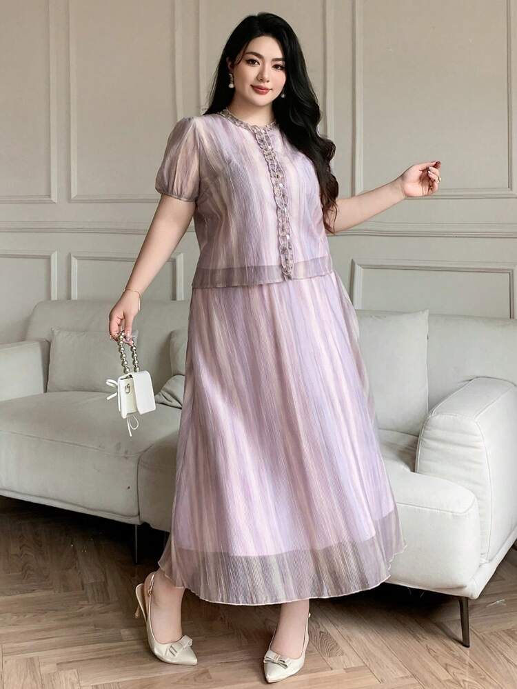 Dazy Plus Plus Size Loose Fit Short Sleeve Top And Elastic Waist Skirt Elegant 2 Pieces Set, Summer, Back To School Clothes