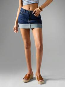 MISSGUIDED Denim Mini Skirt Rigid Wash Fold Over Cuff High Rise Raw Hem Classic Above Knee Summer - Dark Wash - View 4