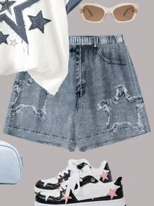 SHEIN Conjunto informal de 2 piezas de camiseta de manga corta y shorts minimalista para niñas preadolescentes, ideal para verano